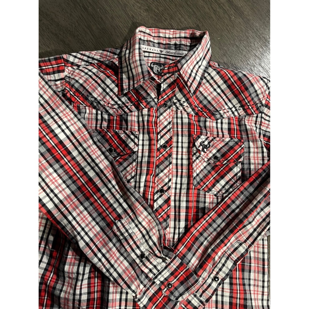 Cowboy Hardware Boys Size L 10/12 Red Plaid Western Snap Shirt Embroidered Back